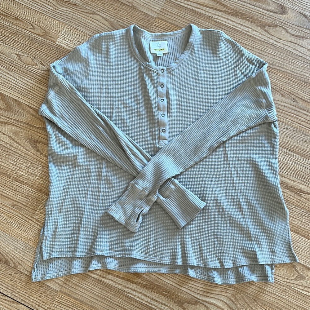 aerie Waffle Knit Henley Long Sleeve Top in cream